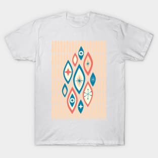 Atomic Age MCM Abstract Shapes and Stars in Blue, Peach, Coral T-Shirt